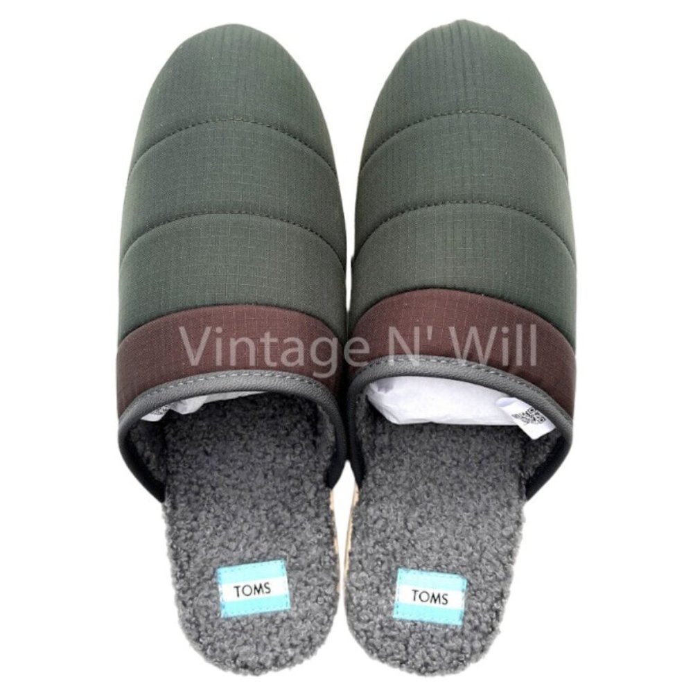 Toms Shoes Green/ Brown Harbor Quilted Shearling Mule Slipper Holiday Gift